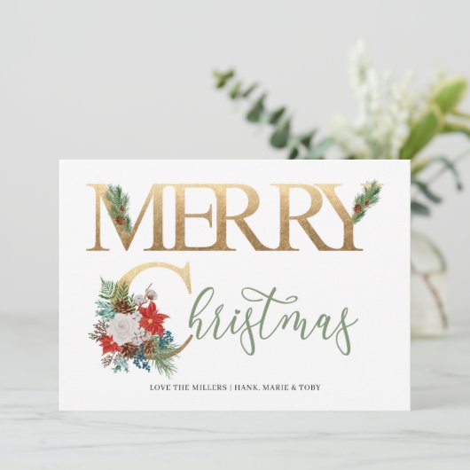 Frohe Weihnachten Gold Green Poinsettia und Pine (Stehend Vorderseite)