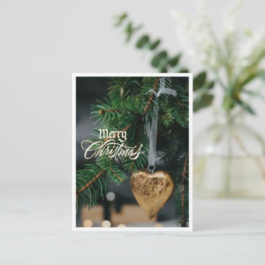 Frohe Weihnachten Gold Herz Tree Ornament Postkarte (Stehend Vorderseite)