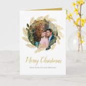 Frohe Weihnachten Gold Holly Berry Wreath Foto Karte (Gelbe Blume)