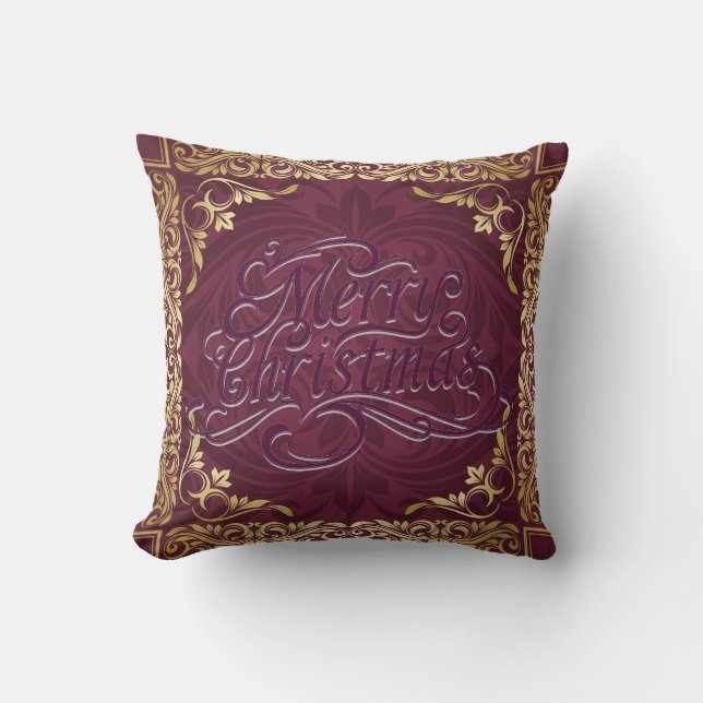 Frohe Weihnachten Gold Maroon Dekorative Pillow Kissen (Vorderseite)
