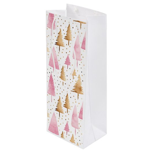 Frohe Weihnachten Gold Pink Tree Geschenktüte Für Weinflaschen (Rückseite Schrägansicht)