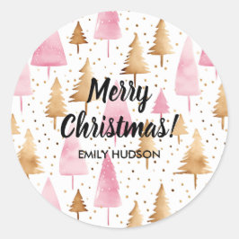 Frohe Weihnachten Gold Pink Tree Runder Aufkleber
