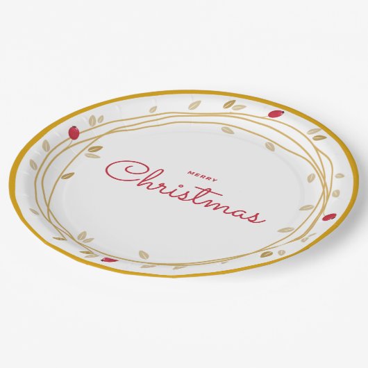 Frohe Weihnachten Gold/Rot Pappteller (Schrägansicht)