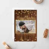 Frohe Weihnachten Gold rustikale Holzurlaub Foto Mitteilungskarte (Vorderseite/Rückseite Beispiel)