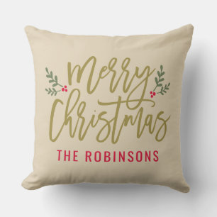 Frohe Weihnachten Gold Schrift Familienname Beige Kissen