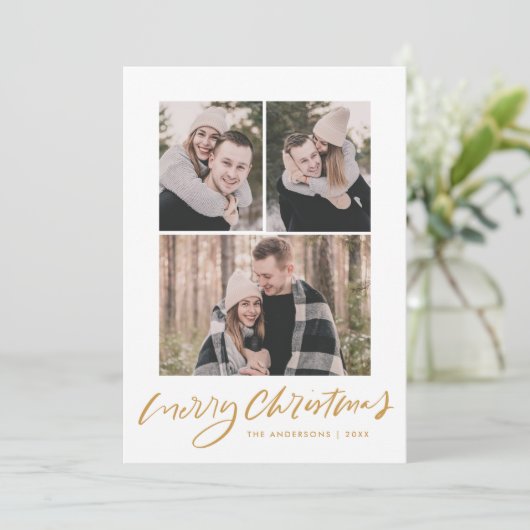 Frohe Weihnachten Gold Script 3 Foto Collage (Stehend Vorderseite)