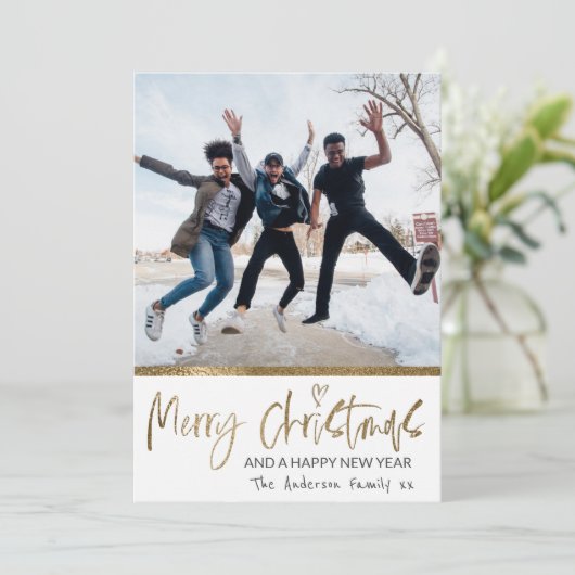 Frohe Weihnachten Gold Script Foto Collage White (Stehend Vorderseite)