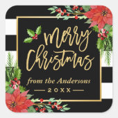 Frohe Weihnachten Gold Script Lettering Blumendeko Quadratischer Aufkleber (Vorderseite)