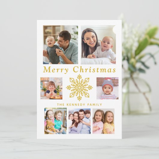 Frohe Weihnachten Gold Snowflake 7 Foto Collage (Stehend Vorderseite)