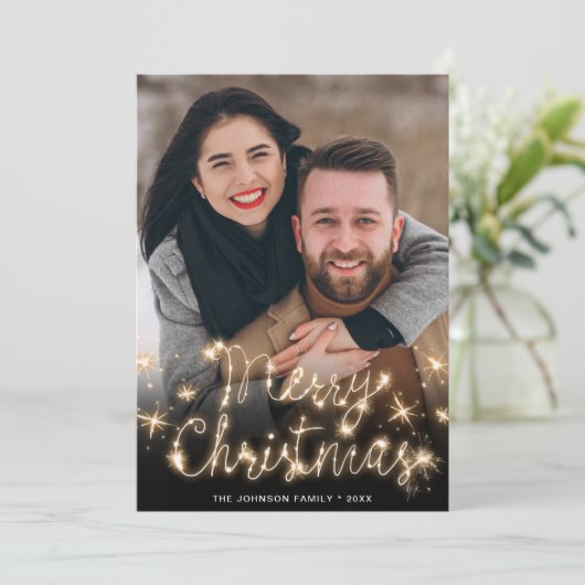 Frohe Weihnachten Gold Sparkle Script FOTO Gruß (Stehend Vorderseite)