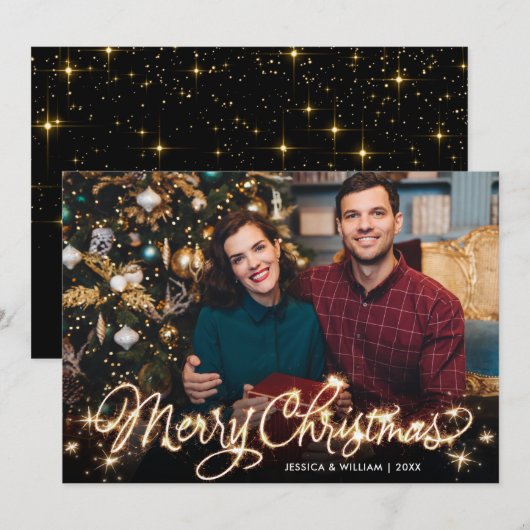 Frohe Weihnachten Gold Sparkle Script FOTO Gruß (Vorne/Hinten)