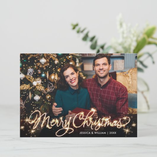 Frohe Weihnachten Gold Sparkle Script FOTO Gruß (Stehend Vorderseite)