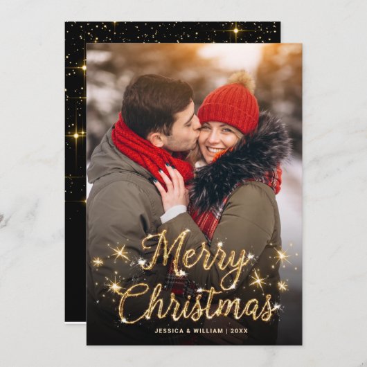 Frohe Weihnachten Gold Sparkle Script FOTO Gruß (Vorne/Hinten)