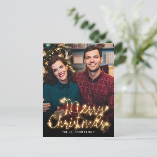 Frohe Weihnachten Gold Sparkle Script FOTO Gruß Postkarte (Stehend Vorderseite)