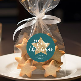 Frohe Weihnachten Gold Star Green Runder Aufkleber