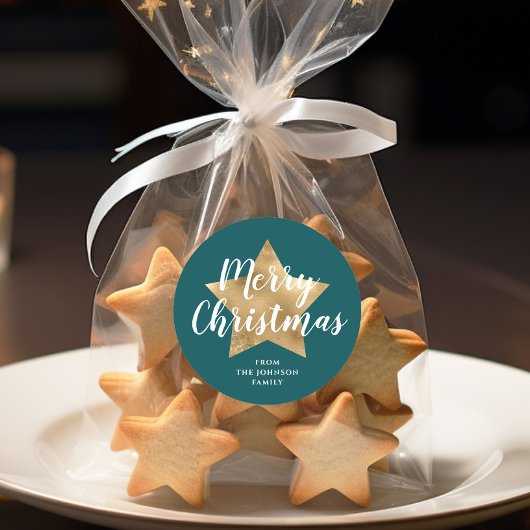 Frohe Weihnachten Gold Star Green Runder Aufkleber