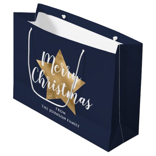 Frohe Weihnachten Gold Star Navy Blue Große Geschenktüte (Vorderseite Schrägansicht)