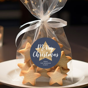Frohe Weihnachten Gold Star Navy Blue Runder Aufkleber