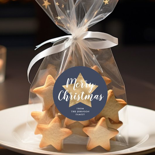 Frohe Weihnachten Gold Star Navy Blue Runder Aufkleber