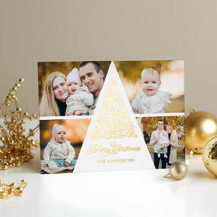 Frohe Weihnachten Gold Swirl Tree 4 Foto Collage Folien Feiertagskarte