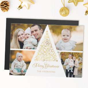 Frohe Weihnachten Gold Swirl Tree 4 Foto Collage Magnetkarte