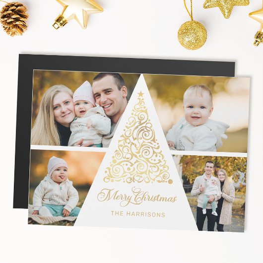 Frohe Weihnachten Gold Swirl Tree 4 Foto Collage Magnetkarte