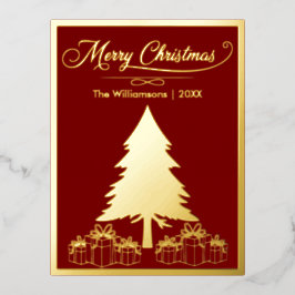 Frohe Weihnachten Gold Tree und Geschenke Folien Feiertagspostkarte
