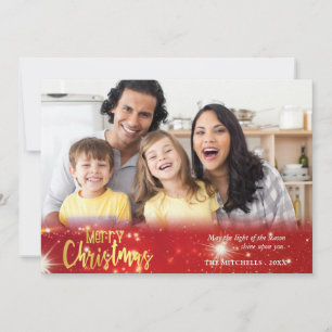Frohe Weihnachten, Gold- und weiße Lichter auf Rot Feiertagskarte