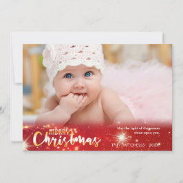 Frohe Weihnachten, Gold und weiße Lichter auf rot Feiertagskarte