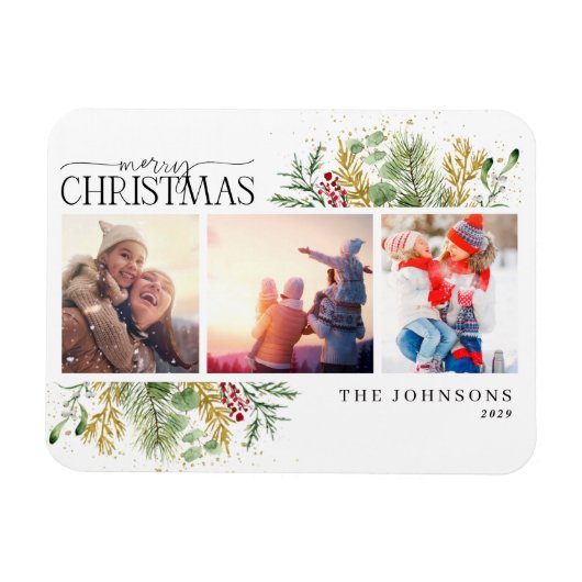 Frohe Weihnachten Gold Winter Botanisches Foto Hol Magnet (Horizontal)