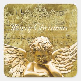 Frohe Weihnachten Golden Angel Musical Notes Quadratischer Aufkleber