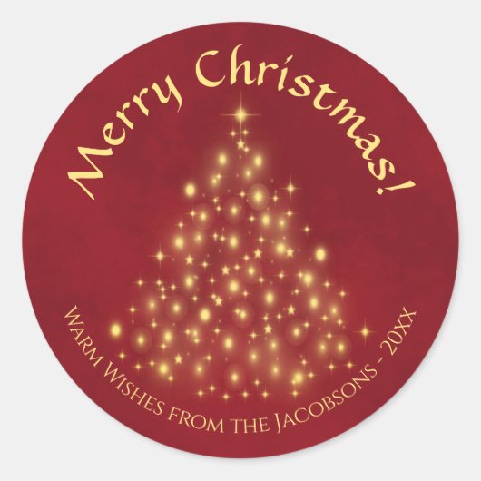 Frohe Weihnachten! Golden Lights Tree on Crimson R Runder Aufkleber (Vorderseite)