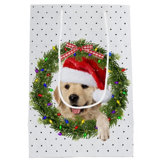 Frohe Weihnachten Golden Retriever auf Polka Punkt Mittlere Geschenktüte (Rückseite)