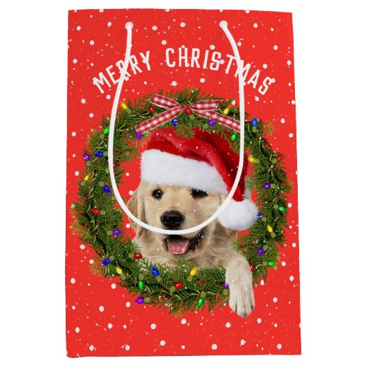 Frohe Weihnachten Golden Retriever auf Polka Punkt Mittlere Geschenktüte (Vorderseite)