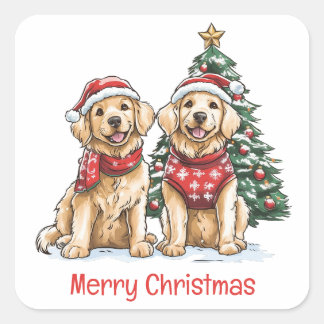 Frohe Weihnachten Golden Retriever Hunde Quadratischer Aufkleber