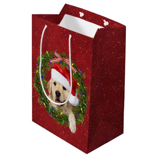 Frohe Weihnachten Golden Retriever im Kranz Mittlere Geschenktüte (Rückseite Schrägansicht)