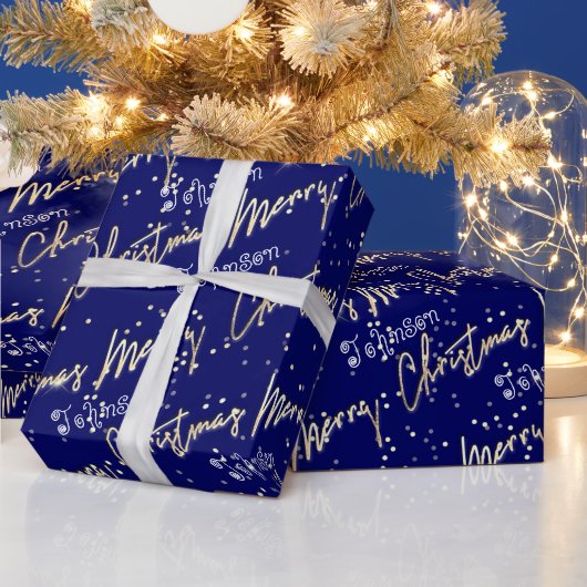Frohe Weihnachten Golden Script aus Name Blue Navy Geschenkpapier (Feiertage)