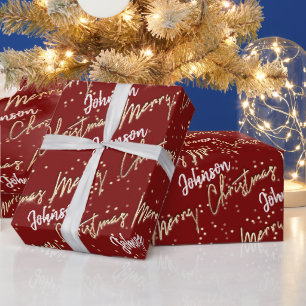 Frohe Weihnachten Golden Script aus Name Burgundy Geschenkpapier