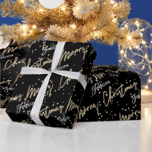 Frohe Weihnachten Golden Script Name Black Geschenkpapier