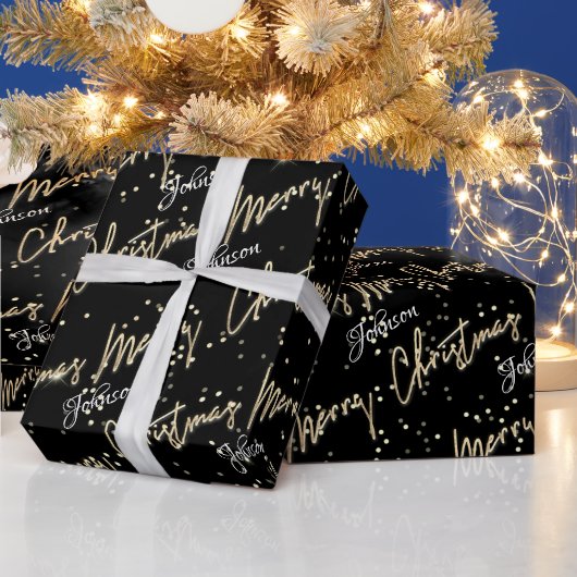 Frohe Weihnachten Golden Script Name Black Geschenkpapier (Feiertage)