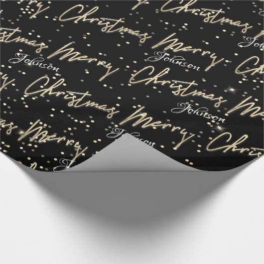 Frohe Weihnachten Golden Script Name Black Geschenkpapier (Ecke)