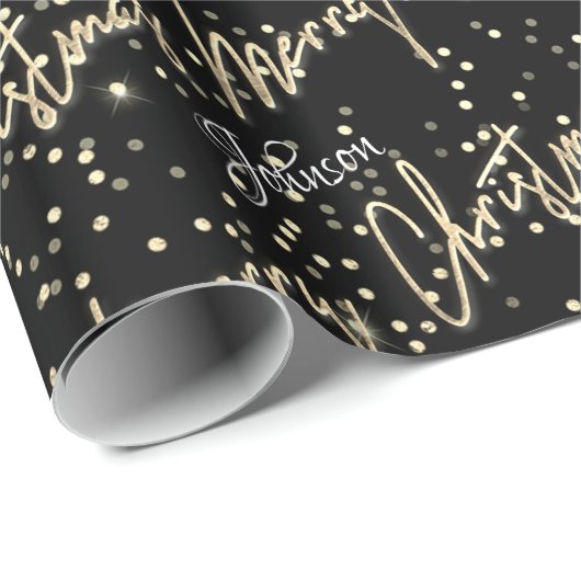 Frohe Weihnachten Golden Script Name Black Geschenkpapier (Rolleneckpunkt)