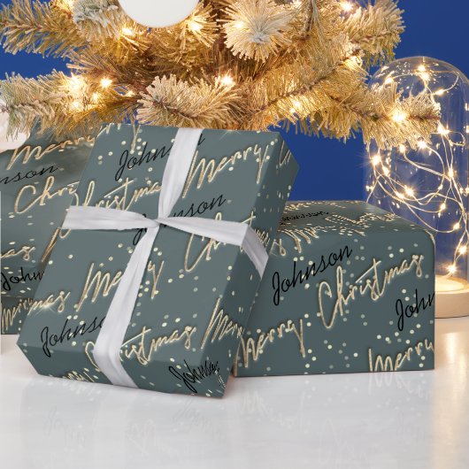 Frohe Weihnachten Golden Script Name Black Gray Geschenkpapier (Feiertage)