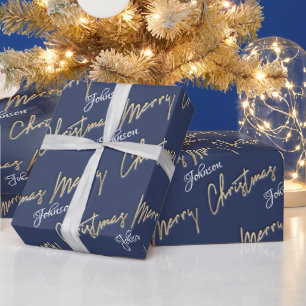 Frohe Weihnachten Golden Script Name Blue Navy Geschenkpapier