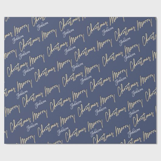 Frohe Weihnachten Golden Script Name Blue Navy Geschenkpapier (Flach)