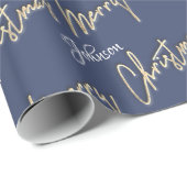Frohe Weihnachten Golden Script Name Blue Navy Geschenkpapier (Rolleneckpunkt)