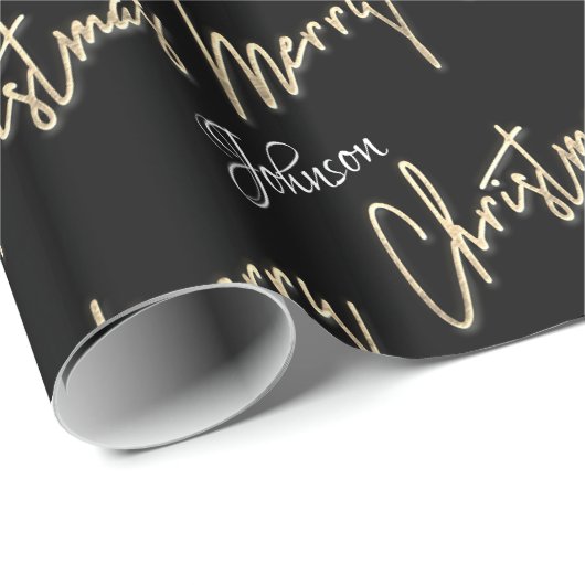 Frohe Weihnachten Golden Script Name Custom Black Geschenkpapier (Rolleneckpunkt)