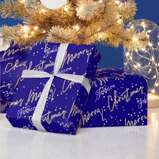 Frohe Weihnachten Golden Script Name Royal Blue Na Geschenkpapier (Feiertage)