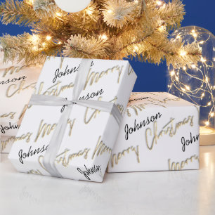 Frohe Weihnachten Golden Script Name Schwarz-weiß Geschenkpapier