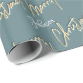 Frohe Weihnachten Golden Script Name Smoky Aqua Bl Geschenkpapier (Rolleneckpunkt)
